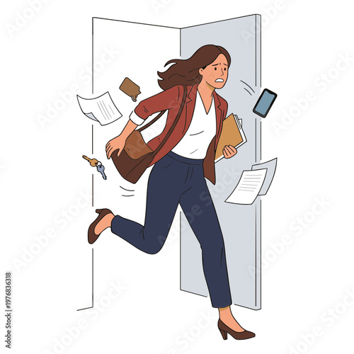 Woman hurries through doorway with papers and phone in hand quickly