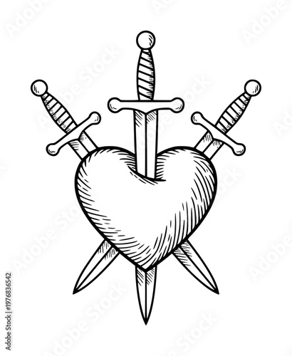 Swords Piercing a Heart Symbol in Vintage Engraving Style Isolated White love