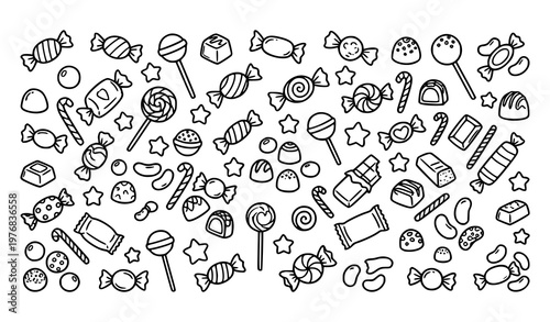Εκτύπωση καμβά Cute candies doodle line art vector set with sweets and treats for kids illustra