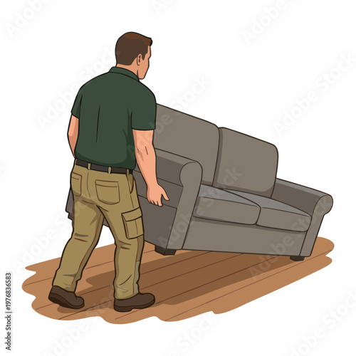 Man lifting a gray couch on a wooden floor indoors with effort
