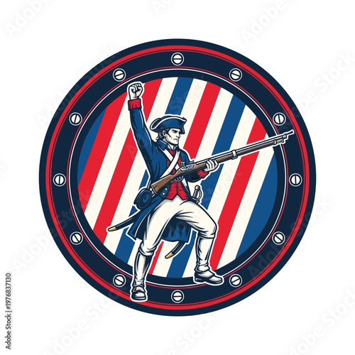 Revolutionary soldier emblem with patriotic stripes and raised musket