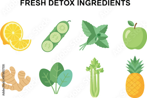 Collection of fresh detox ingredients including fruits, vegetables, and herbs for healthy living