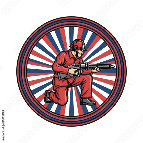 Vintage soldier aiming with machine gun in retro target pattern background
