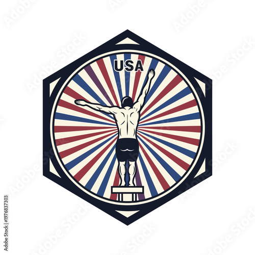 Vintage usa gymnastics emblem featuring an athlete in mid-performance against colorful background