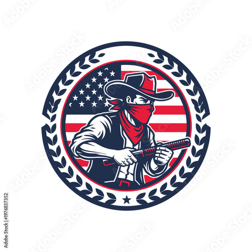 Vintage cowboy holding a guitar against an american flag backdrop with decorative border