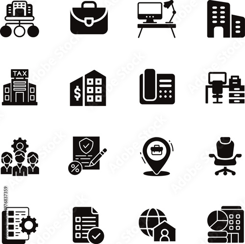 Modern office and business icon set in editable vector format. Includes corporate, workplace, management, communication, finance, and teamwork symbols. Perfect for web, apps, presentations
