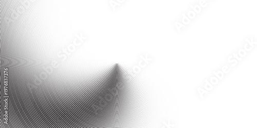 Black concentric circle texture. Radial geometric pattern background. Linear epicenter, radar, target concept. Round rippled halftone ring wallpaper for brochure, template, poster, overlay. Vector