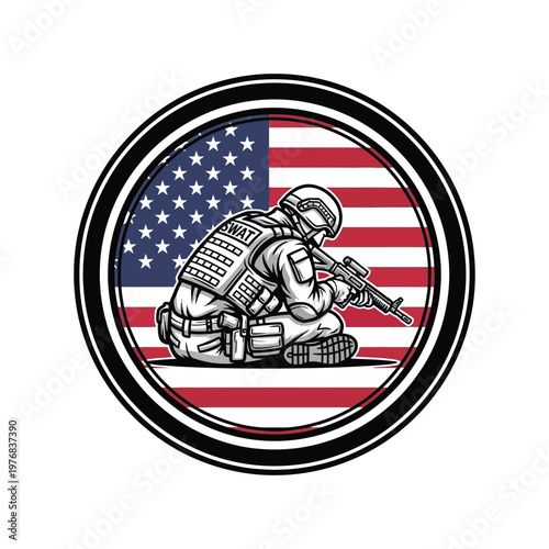 Soldier kneeling behind the american flag with rifle in combat gear