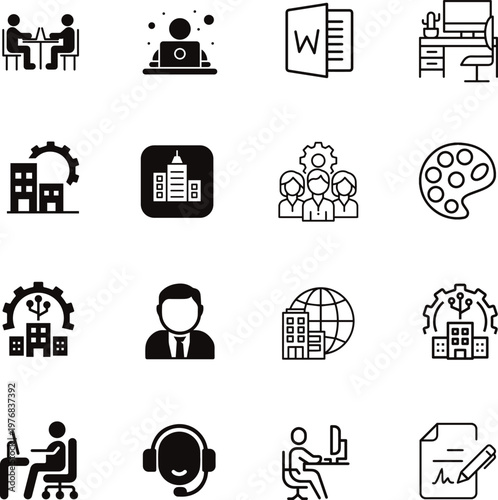 Modern office and business icon set in editable vector format. Includes corporate, workplace, management, communication, finance, and teamwork symbols. Perfect for web, apps, presentations