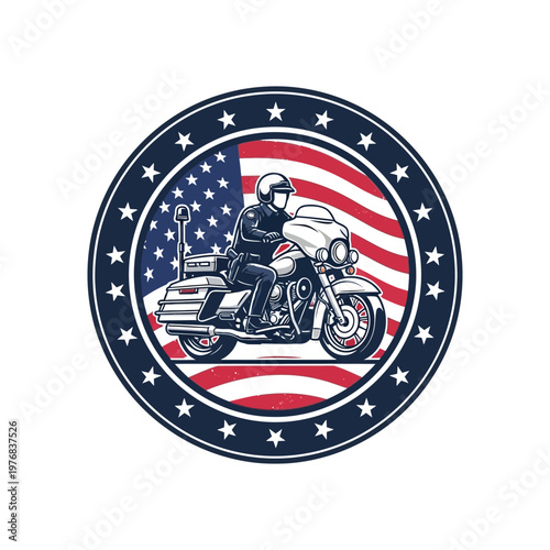 Patriotic motorcycle rider emblem with stars and american flag backdrop
