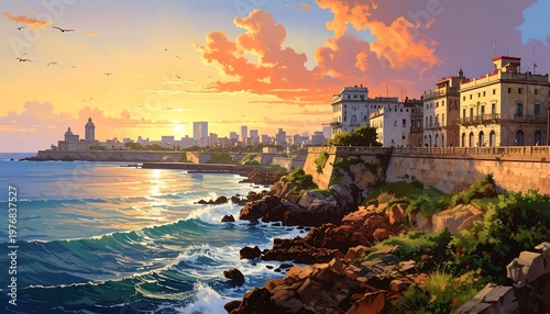 A serene coastal cityscape at sunset with rocky shores