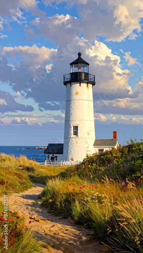A serene coastal lighthouse surrounded by vibrant wildflowers