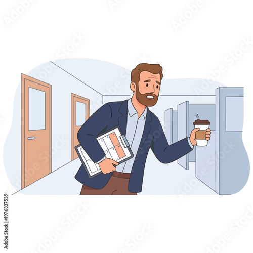 A man in a blue blazer hurries down a office hallway holding papers and a coffee cup.