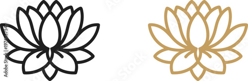 Elegant lotus flower vector illustration set featuring black and gold outline icons of blooming water lily for spa wellness yoga and luxury brand identity