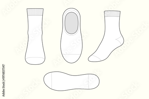 Unisex Ribbed Ankle Sock Multi-View Technical Flat Sketch Outline