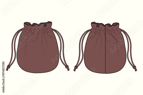 Soft Drawstring Pouch Bag Technical Flat Sketch – Front and Back View