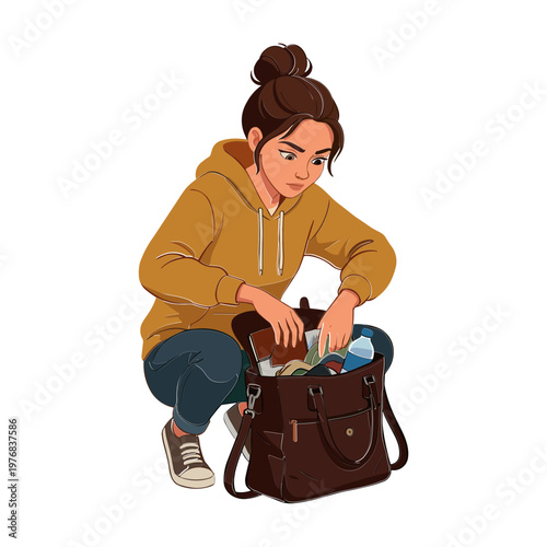 Woman rummages through her bag searching for something at outdoor event