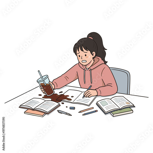 Girl studying at desk with books and spilled drink