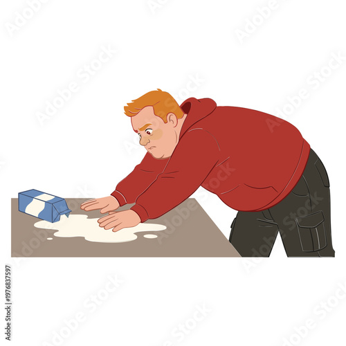 Man cleaning milk spill on table with cloth in kitchen interior