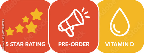 Marketing coupon badge icon set, vector illustrations featuring five star rating pre order announcement and Vitamin D label symbols for promotional campaign design.