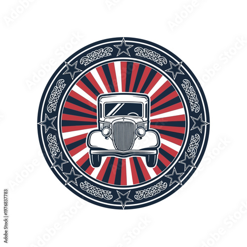 Vintage car emblem with radiant background and intricate border designs