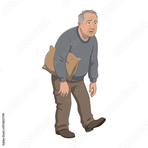 An elderly man is bending forward to pick up a bag.