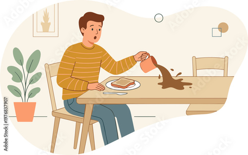 Man spills coffee on breakfast plate while sitting at wooden table indoors