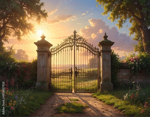 A serene garden gate at sunset with lush greenery