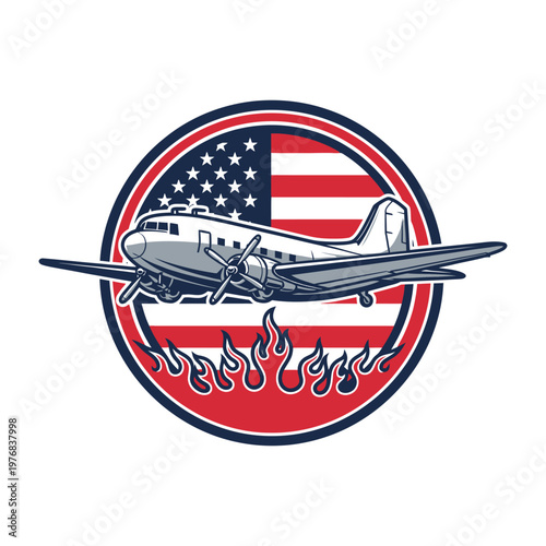Vintage military aircraft insignia with american flag and flames