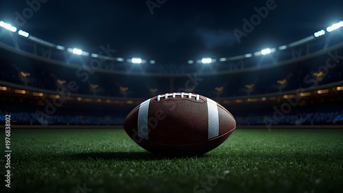 American football lies on green field at night stadium