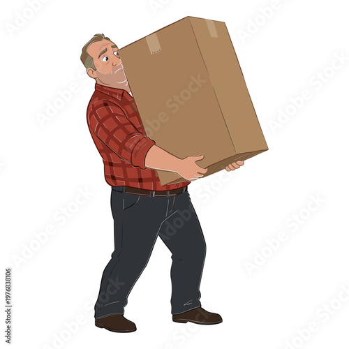 Man struggles to carry large cardboard box in office setting