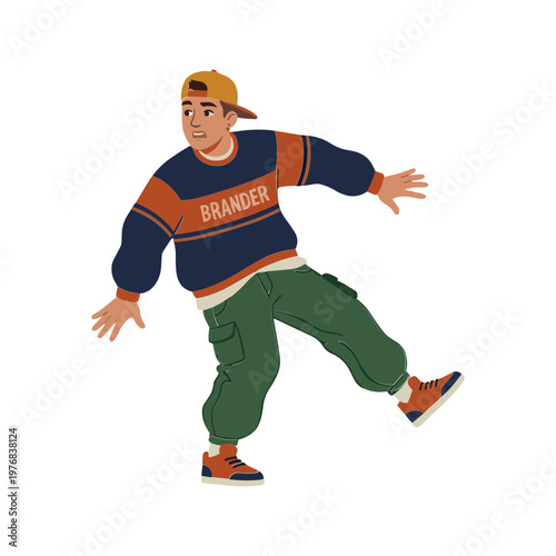 A man wearing a cap and sneakers performs a dance move on a casual day.