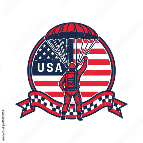 Astronaut in parachute with usa emblem and checkered banner