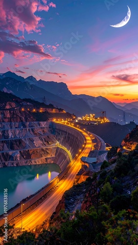 A serene highway winds through a mountainous landscape at dusk