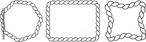 A collection of three different rope border frame shapes isolated on a plain white background set.