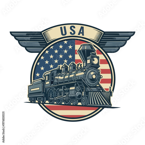 Vintage steam locomotive with american flag and usa banner emblem design