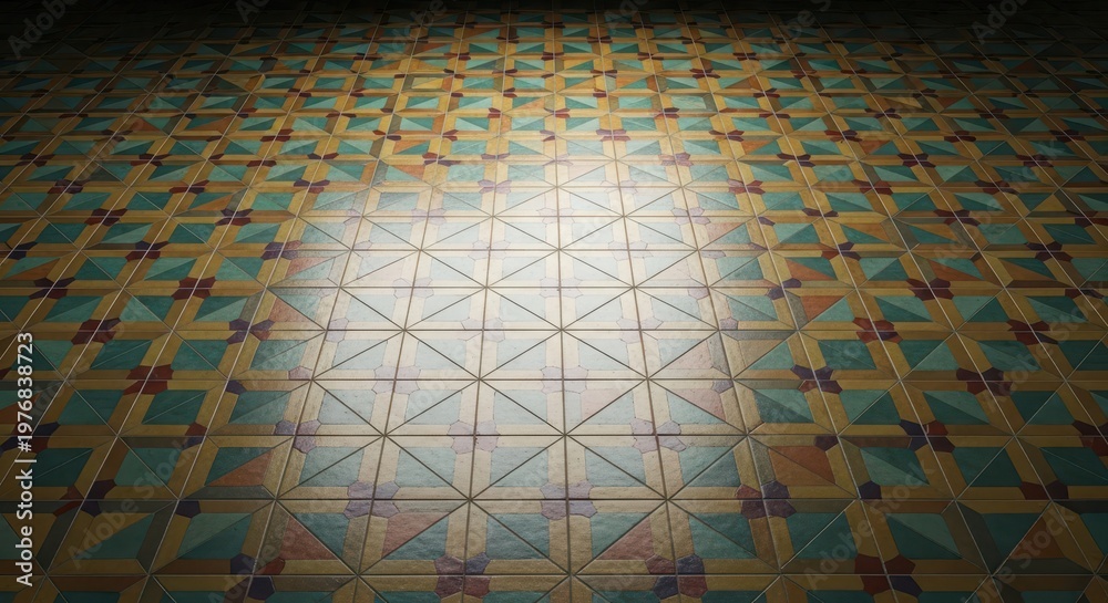 Obraz premium Geometric pattern of vintage ceramic tiles covering a classic interior floor, providing a strong textural background and design element, hardwearing, durable, clean