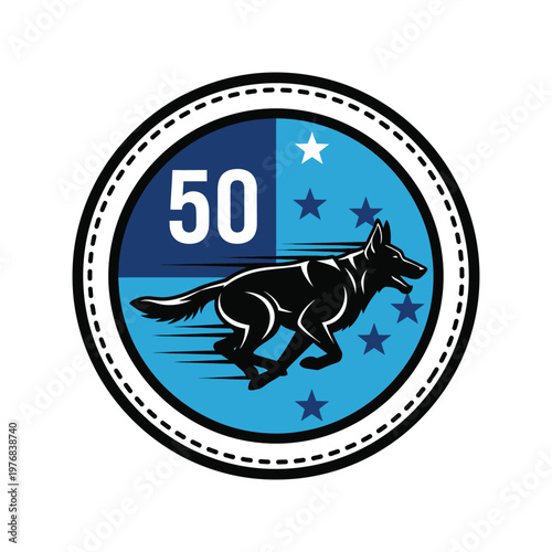 Dynamic space-themed patch featuring a stylized running dog and the number fifty