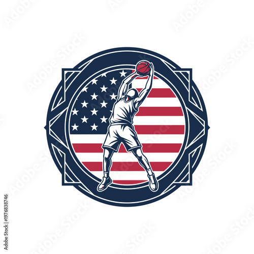 Basketball player in action with american flag background emblem