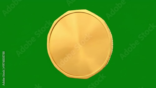 A gleaming gold coin rests on a vibrant green screen, suggesting potential use in digital compositions or visual effects.