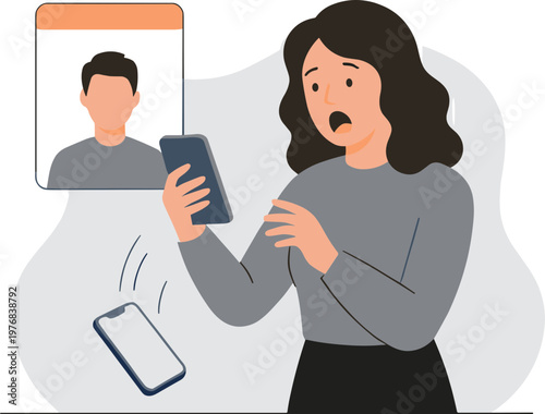 Woman looks shocked while video calling on her phone with another man.