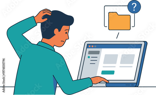 Man confused looking at laptop screen with folder icon