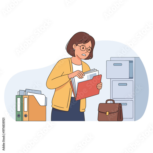 Woman searches office files near cabinet and briefcase