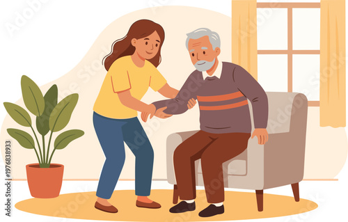 A woman assists an elderly man sitting on a couch in a living room.