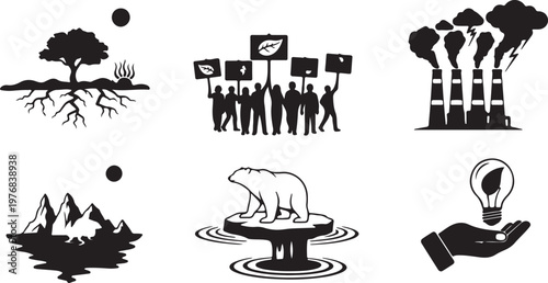 Climate change and environmental conservation icons, global warming and ecology vector set, industrial pollution and green energy symbols