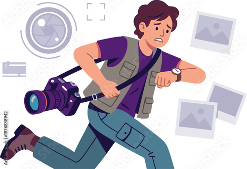 A photographer runs quickly through a modern city capturing moments with his camera.