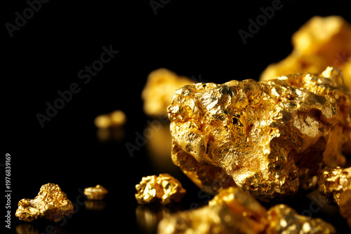 Gold nuggets on black background. Precious metal wealth. Shiny golden ore pieces.