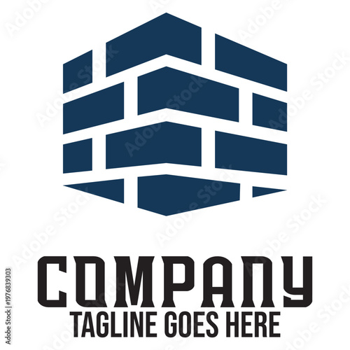 Modern isometric brick cube logo featuring a minimalist blue masonry design