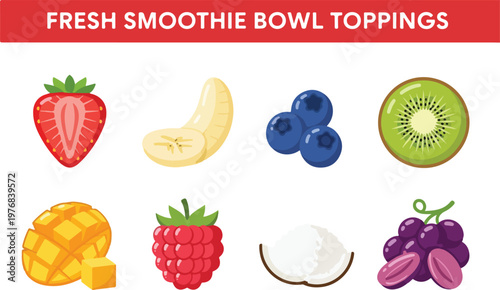 Assortment of fresh fruit toppings for a healthy smoothie bowl, including strawberries, bananas, blueberries, kiwi, mango, raspberries, coconut, and grapes