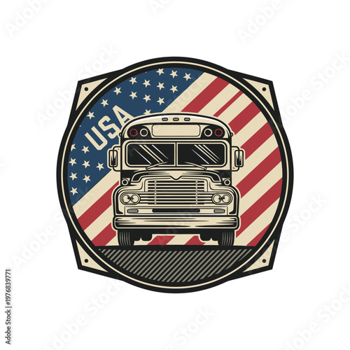 Vintage school bus patch with american flag design and usa text